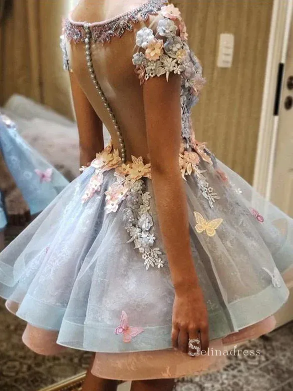 3D Flower A-line Scoop Short Sleeve Short Homecoming Dress Prom Dress RYU047