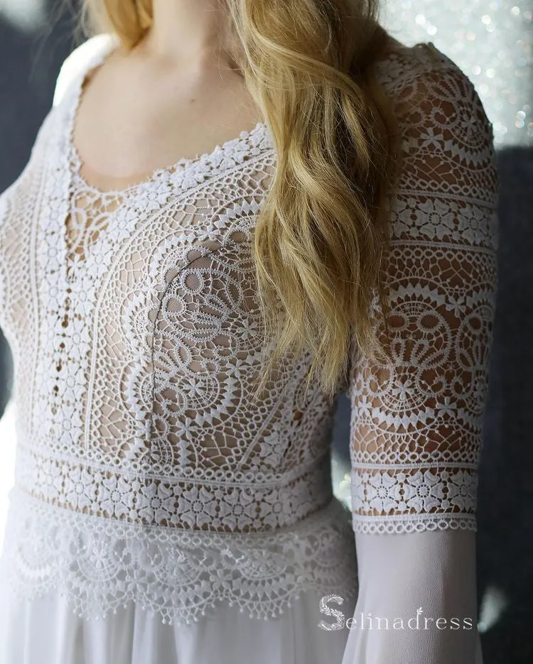 A-line Chiffon V neck Long Sleeve Wedding Dress Rustic Boho Wedding Gown RYU016
