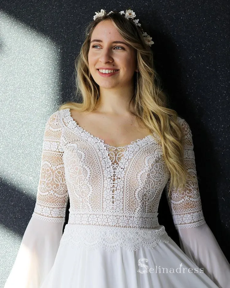 A-line Chiffon V neck Long Sleeve Wedding Dress Rustic Boho Wedding Gown RYU016