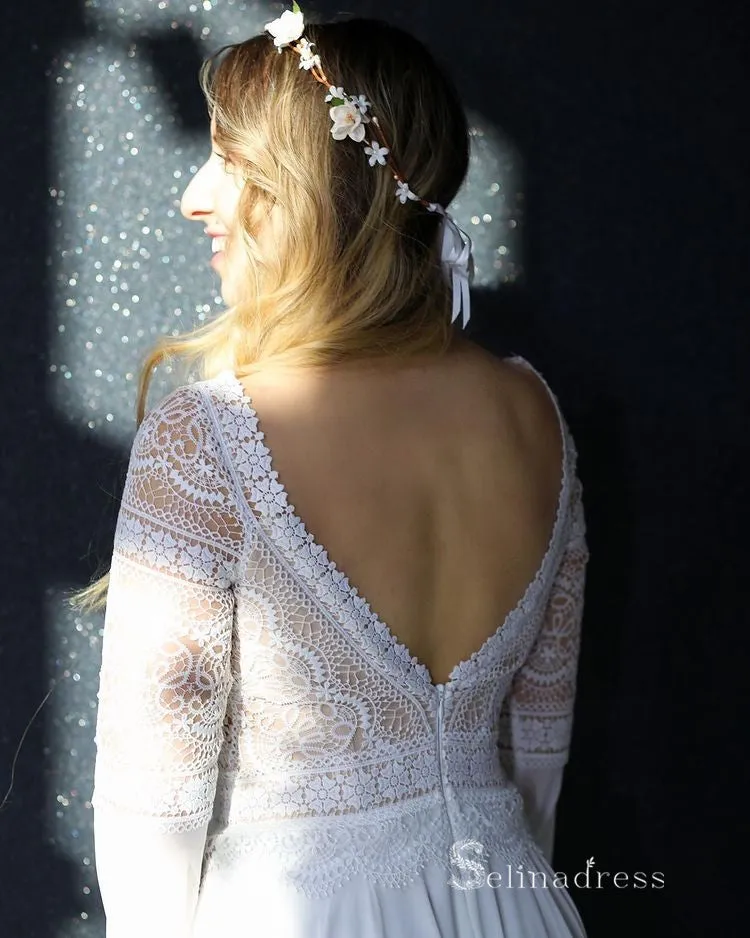 A-line Chiffon V neck Long Sleeve Wedding Dress Rustic Boho Wedding Gown RYU016