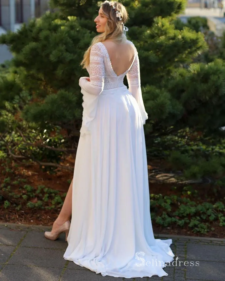 A-line Chiffon V neck Long Sleeve Wedding Dress Rustic Boho Wedding Gown RYU016