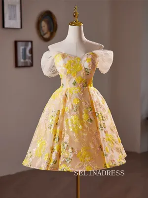 A-Line Off Shoulder Tulle Yellow Short Prom Dress Lace Homecoming Dress #TKL2113