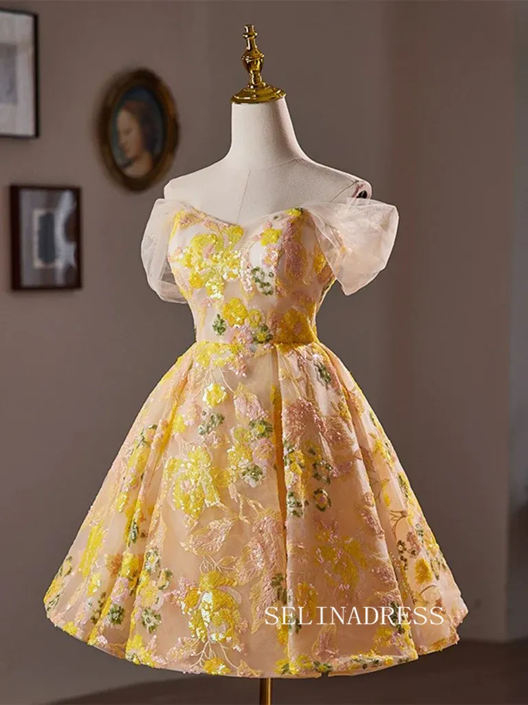 A-Line Off Shoulder Tulle Yellow Short Prom Dress Lace Homecoming Dress #TKL2113
