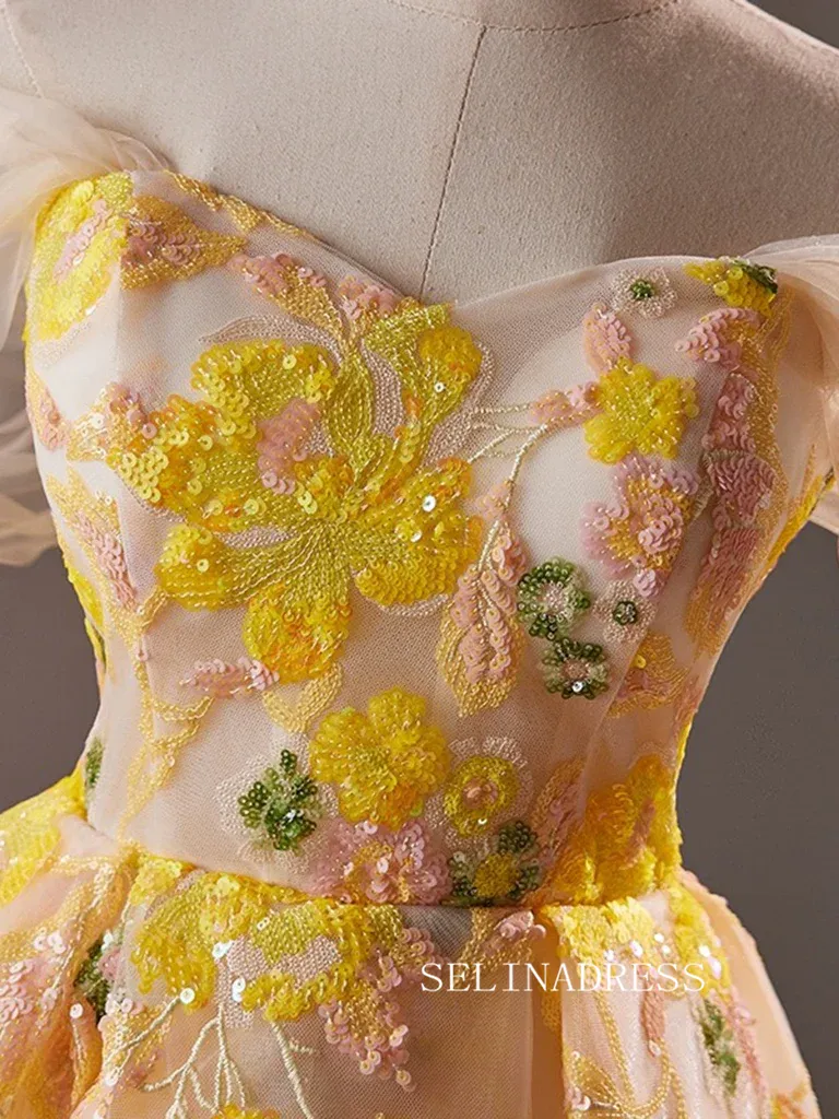 A-Line Off Shoulder Tulle Yellow Short Prom Dress Lace Homecoming Dress #TKL2113