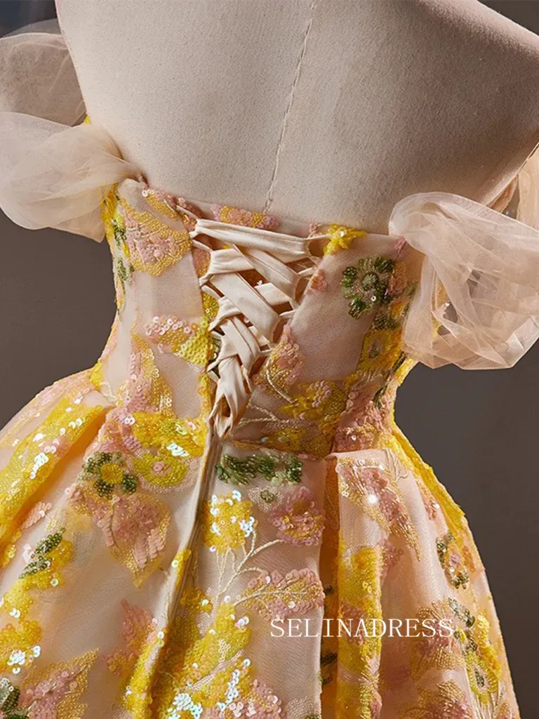 A-Line Off Shoulder Tulle Yellow Short Prom Dress Lace Homecoming Dress #TKL2113