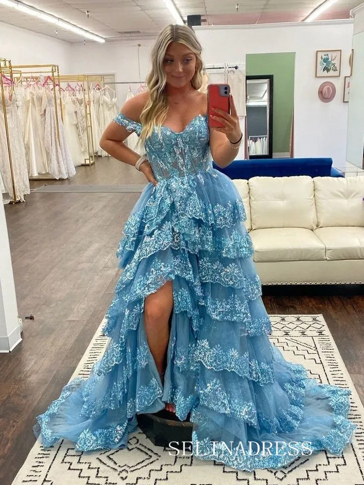 A-line Off the Sholder Glitter Tulle Ball Gowns Lace Long Prom Dresses Cheap Evening Dress JKSS01