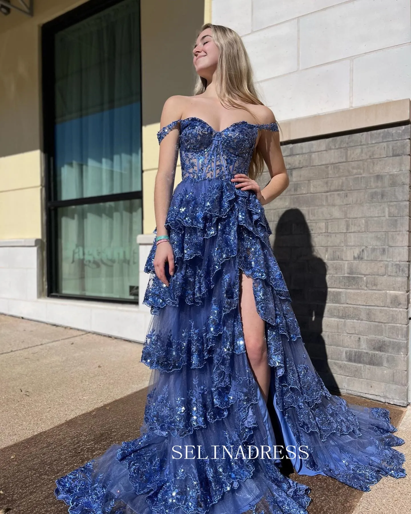 A-line Off the Sholder Glitter Tulle Ball Gowns Lace Long Prom Dresses Cheap Evening Dress JKSS01