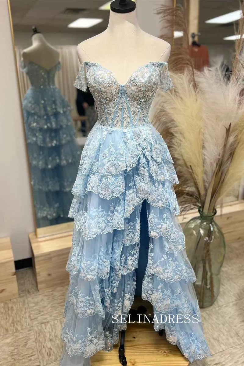 A-line Off the Sholder Glitter Tulle Ball Gowns Lace Long Prom Dresses Cheap Evening Dress JKSS01