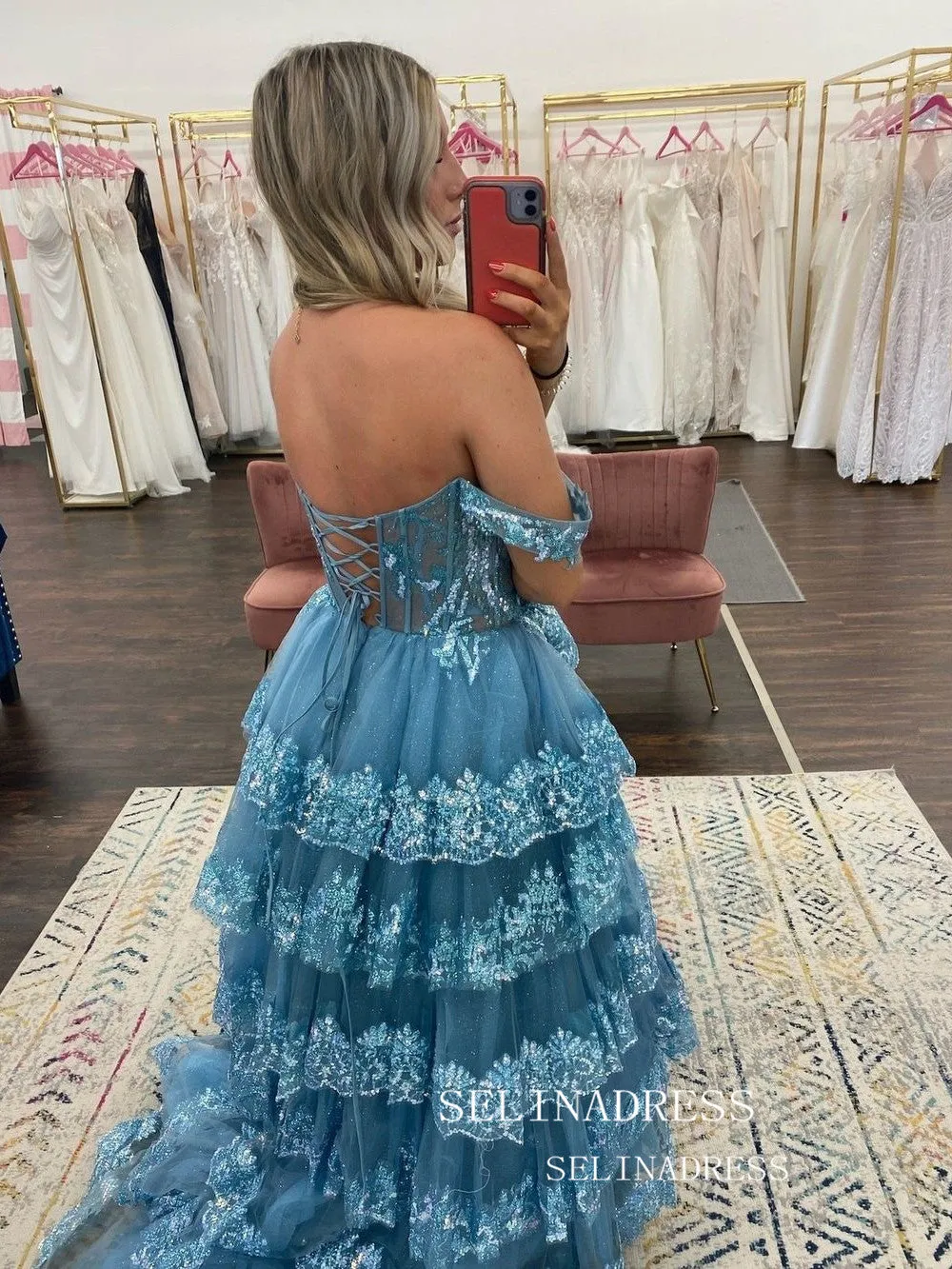 A-line Off the Sholder Glitter Tulle Ball Gowns Lace Long Prom Dresses Cheap Evening Dress JKSS01