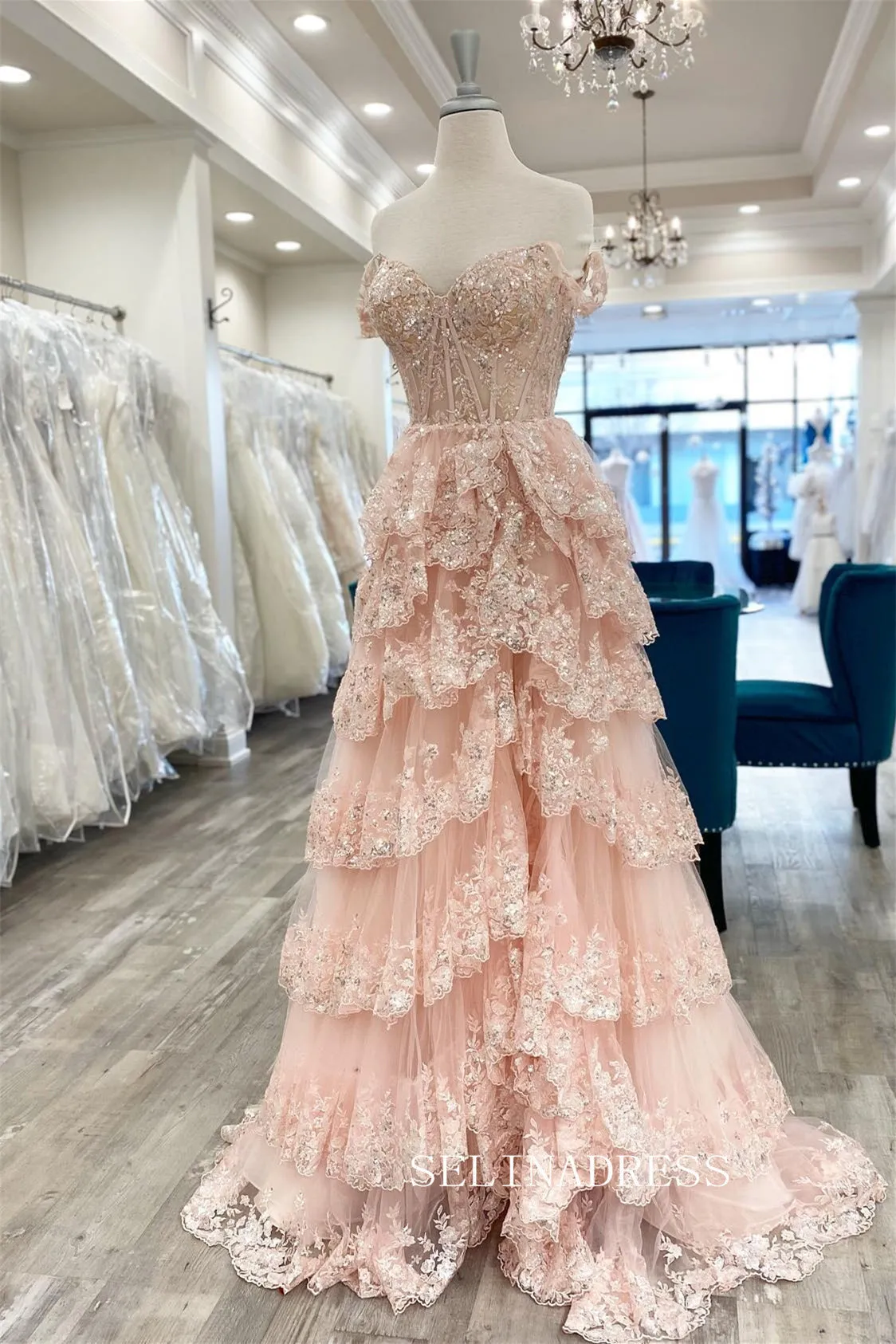A-line Off the Sholder Glitter Tulle Ball Gowns Lace Long Prom Dresses Cheap Evening Dress JKSS01