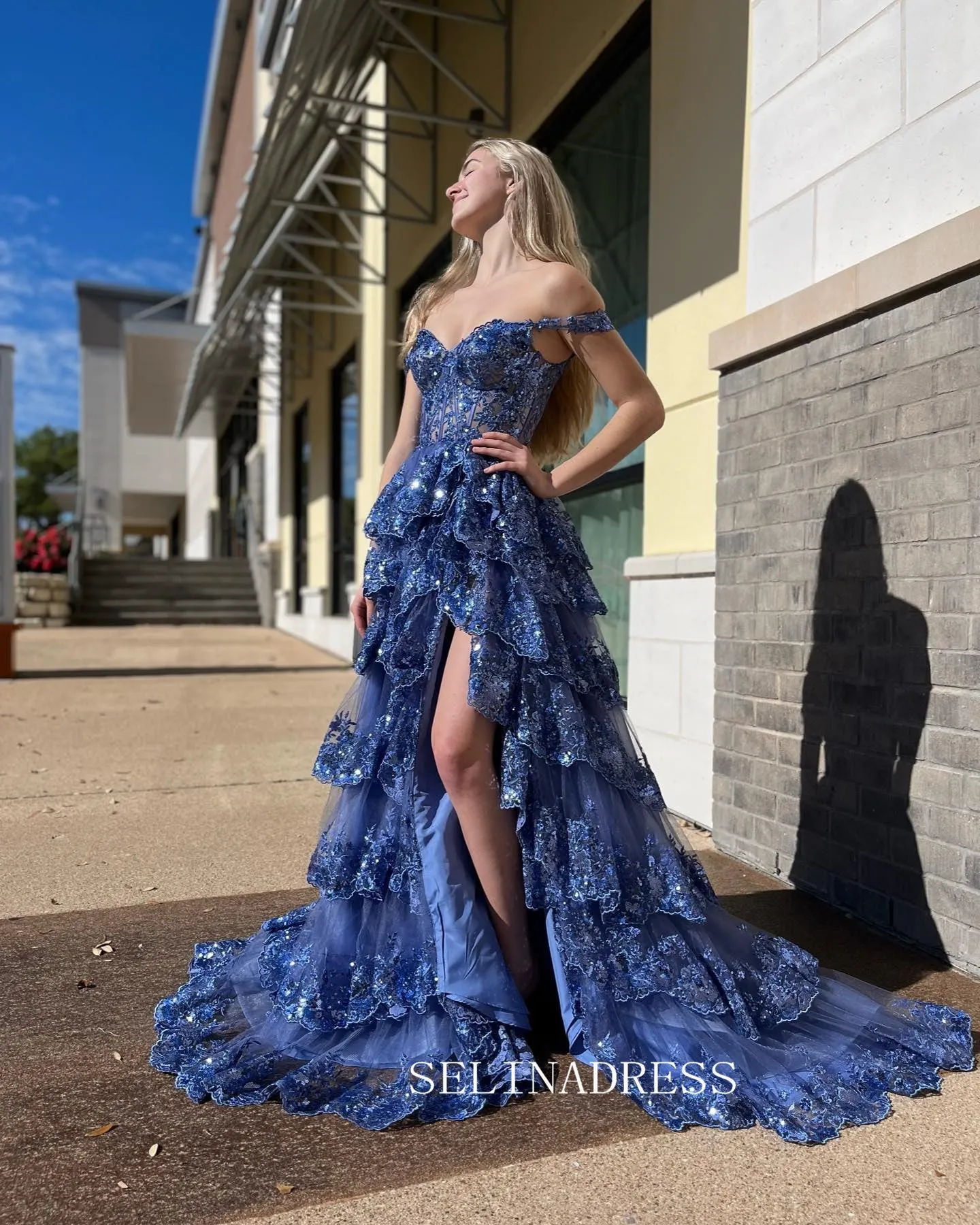 A-line Off the Sholder Glitter Tulle Ball Gowns Lace Long Prom Dresses Cheap Evening Dress JKSS01