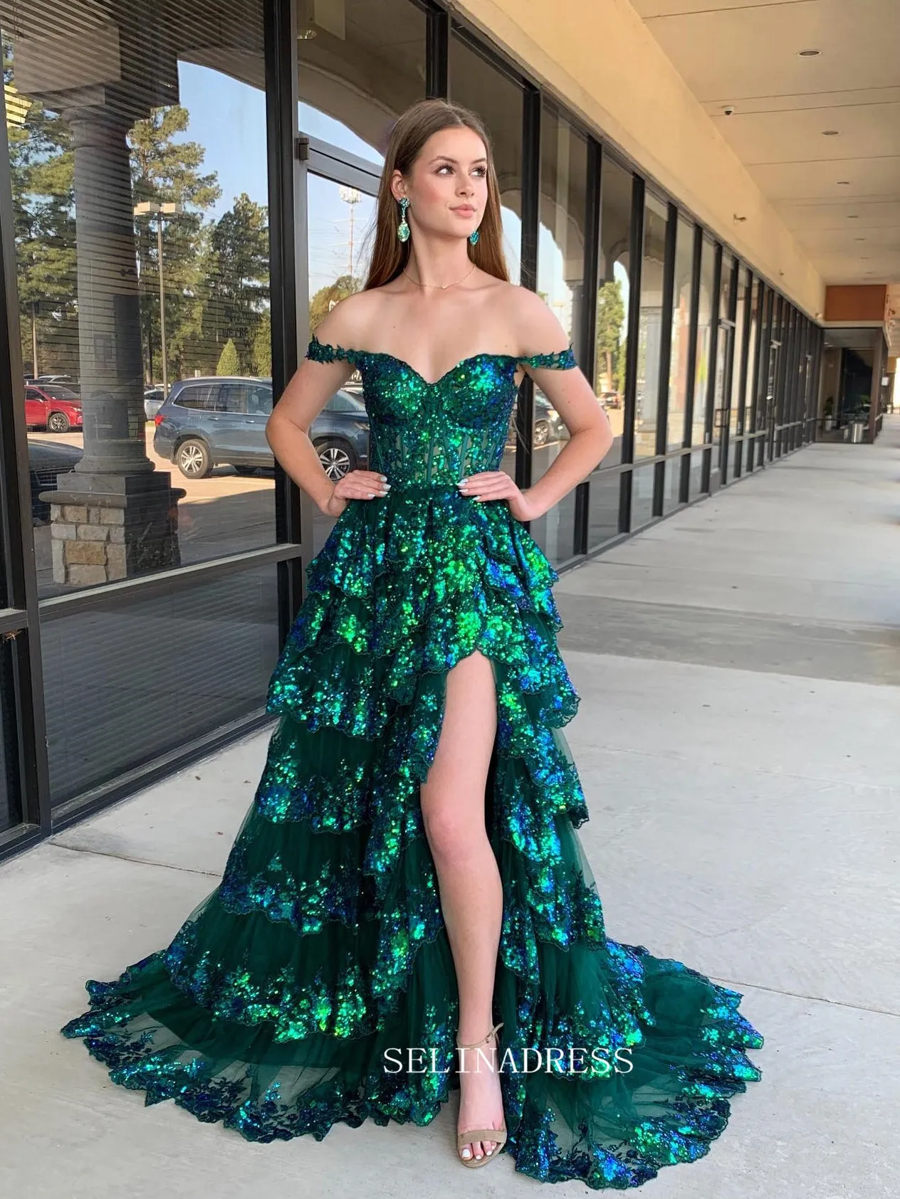 A-line Off the Sholder Glitter Tulle Ball Gowns Lace Long Prom Dresses Cheap Evening Dress JKSS01
