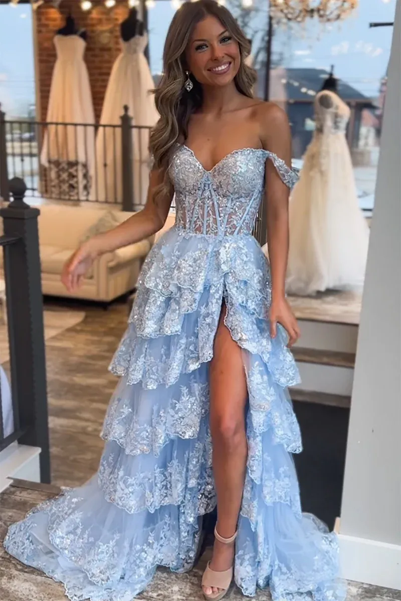 A-line Off the Sholder Glitter Tulle Ball Gowns Lace Long Prom Dresses Cheap Evening Dress JKSS01