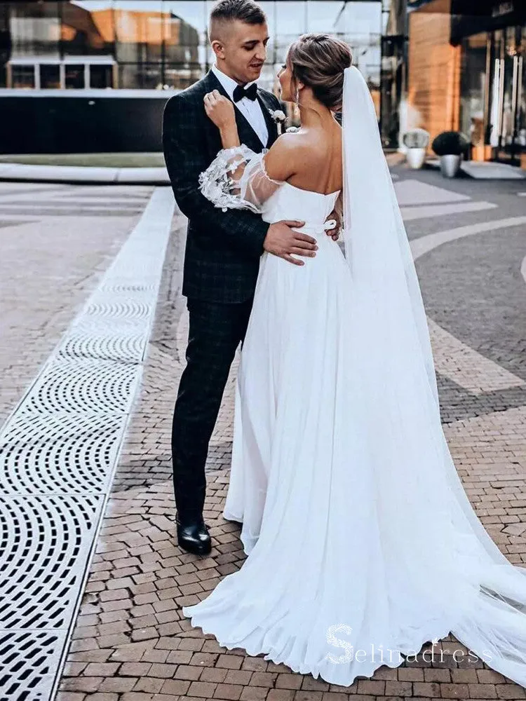 A-line Off-the-shoulder Chiffon Thigh Split White Wedding Dresses Cheap Wedding Gowns MHL189