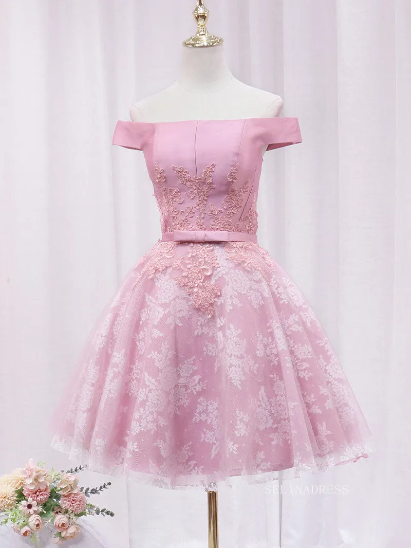 A-line Off-the-shoulder Pink Cute Homecoming Dress Lace Short Prom Dresses EDS023