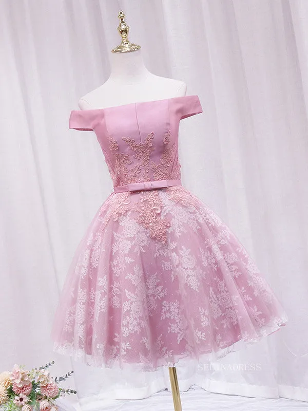 A-line Off-the-shoulder Pink Cute Homecoming Dress Lace Short Prom Dresses EDS023