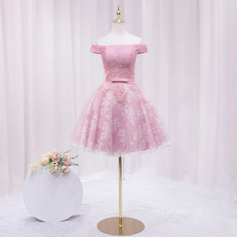 A-line Off-the-shoulder Pink Cute Homecoming Dress Lace Short Prom Dresses EDS023