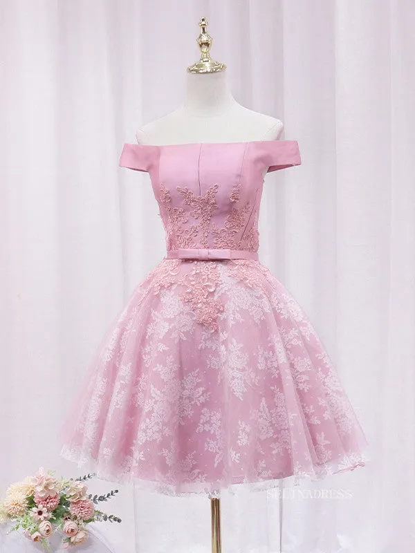 A-line Off-the-shoulder Pink Cute Homecoming Dress Lace Short Prom Dresses EDS023
