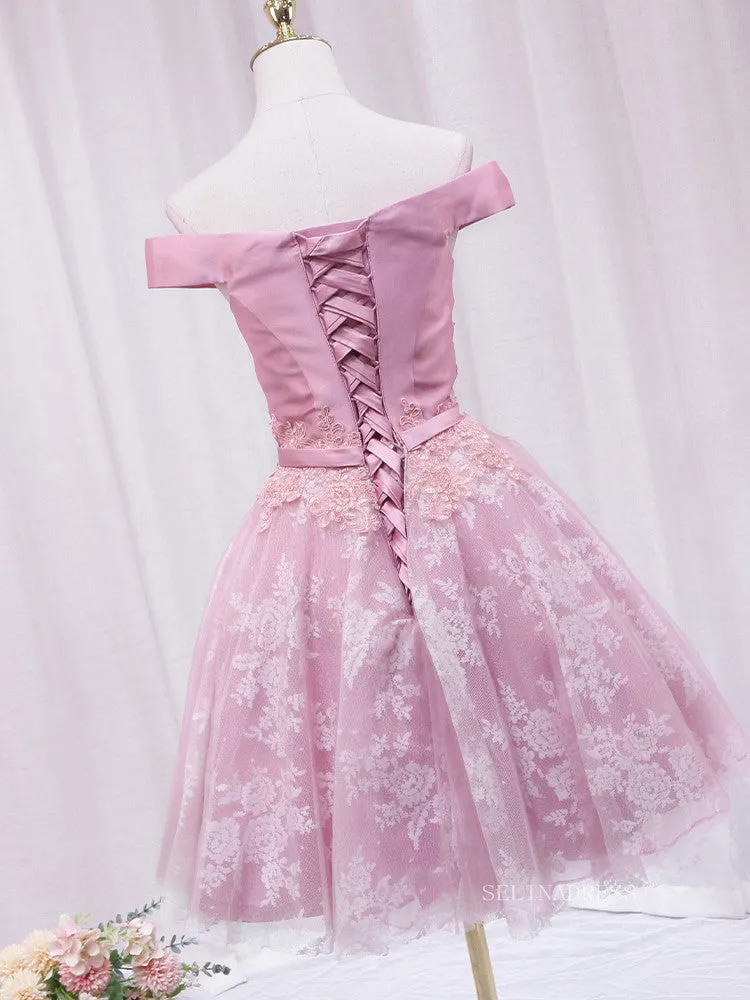A-line Off-the-shoulder Pink Cute Homecoming Dress Lace Short Prom Dresses EDS023