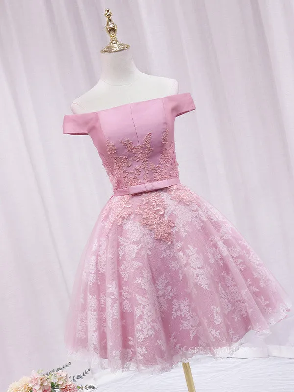A-line Off-the-shoulder Pink Cute Homecoming Dress Lace Short Prom Dresses EDS023