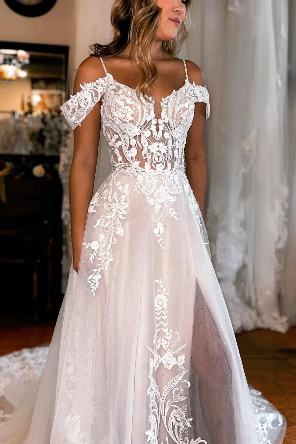 A-line Off-the-shoulder Rustic Vintage Lace Wedding Dresses Sweep Train Bridal Gowns lpk140