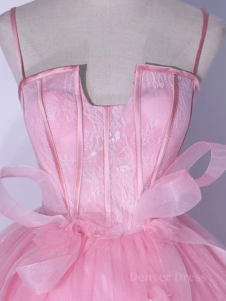 A-Line Pink Tulle Lace Long Prom Dress Pink Formal Dresses