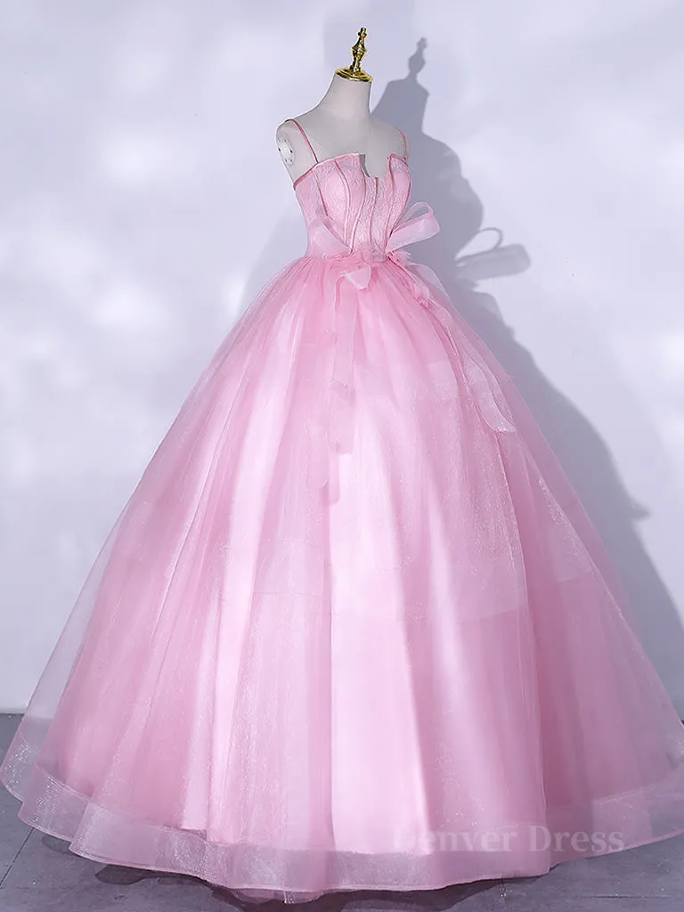 A-Line Pink Tulle Lace Long Prom Dress Pink Formal Dresses