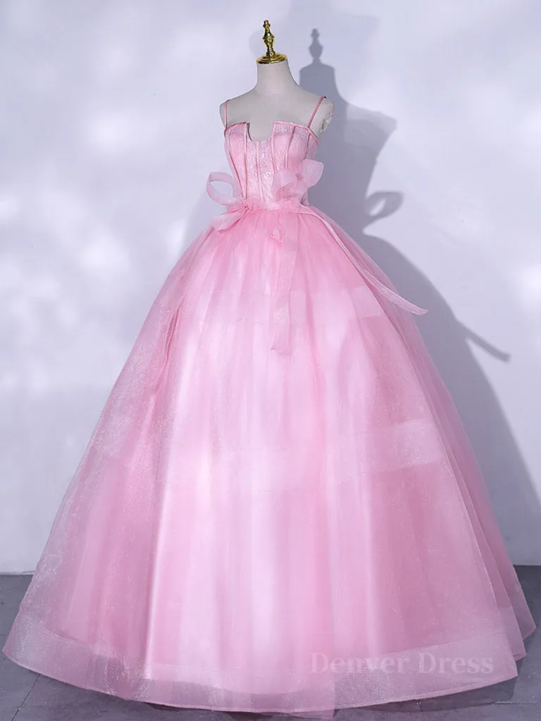 A-Line Pink Tulle Lace Long Prom Dress Pink Formal Dresses