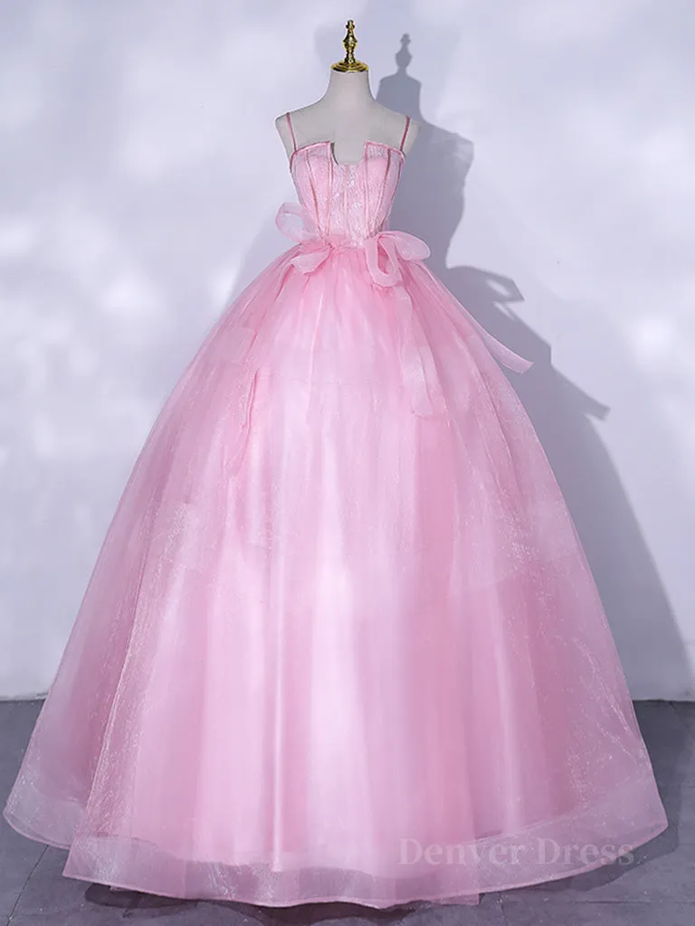 A-Line Pink Tulle Lace Long Prom Dress Pink Formal Dresses