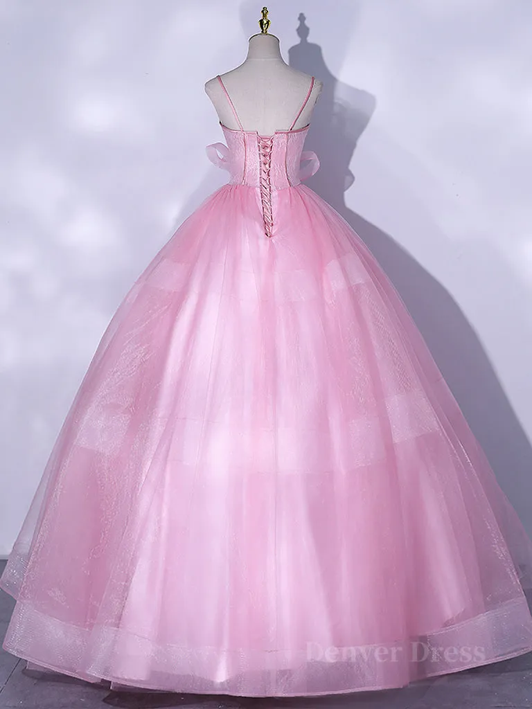 A-Line Pink Tulle Lace Long Prom Dress Pink Formal Dresses