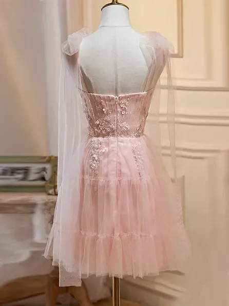A-line Spaghetti Straps Pink Short Prom Dress Juniors Homecoming Dresses KTS001