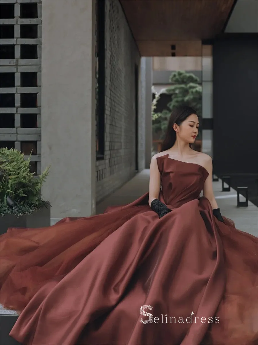 A-line Strapless Long Prom Dress Modest Satin Chocolate Evening Dresses GKF028