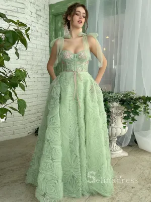 A-line Straps Mint Green Long Prom Dress With Sequins Ruffles Evening Dresses HLK014