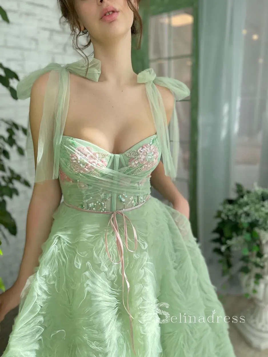 A-line Straps Mint Green Long Prom Dress With Sequins Ruffles Evening Dresses HLK014