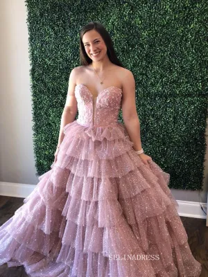 A-line Sweetheart Light Sky Blue Ruffles Tulle Long Prom Dress lpk920
