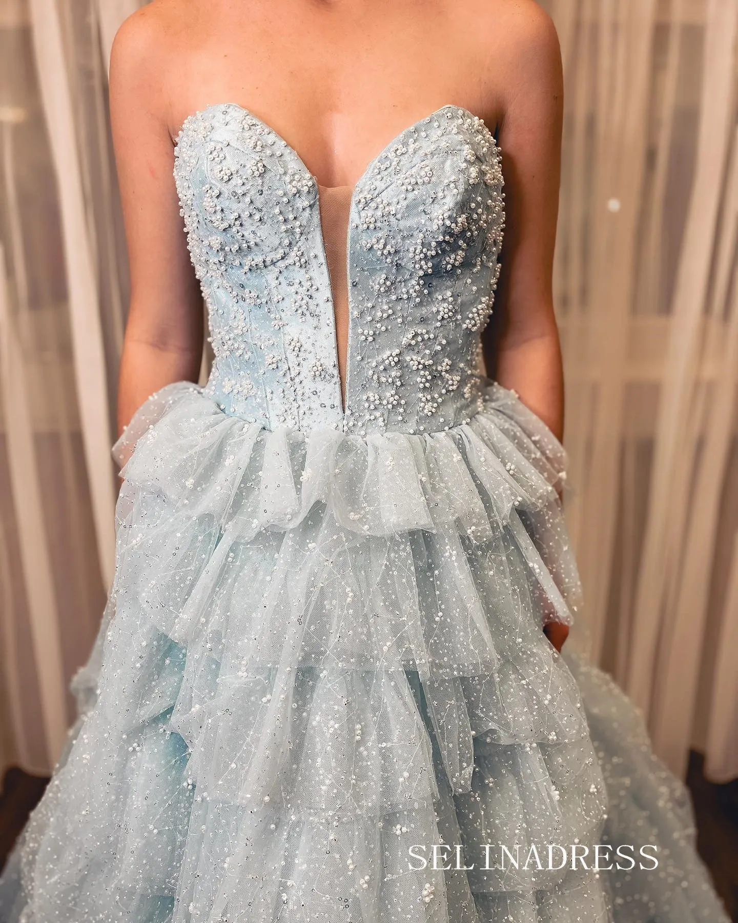 A-line Sweetheart Light Sky Blue Ruffles Tulle Long Prom Dress lpk920
