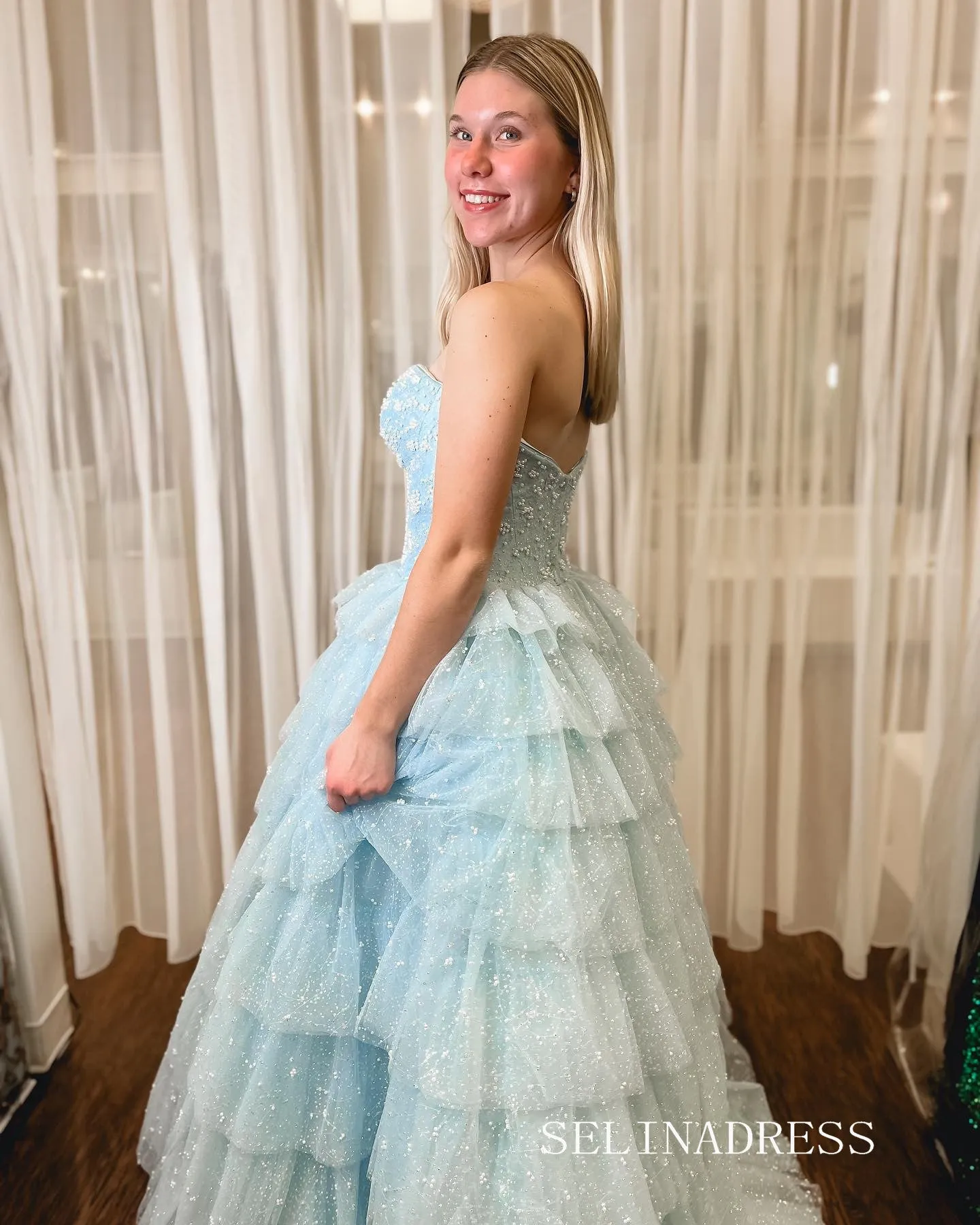 A-line Sweetheart Light Sky Blue Ruffles Tulle Long Prom Dress lpk920
