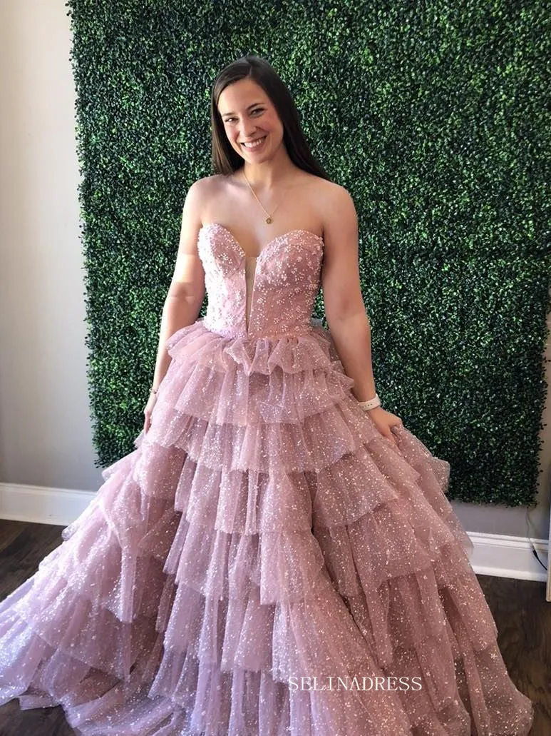 A-line Sweetheart Light Sky Blue Ruffles Tulle Long Prom Dress lpk920