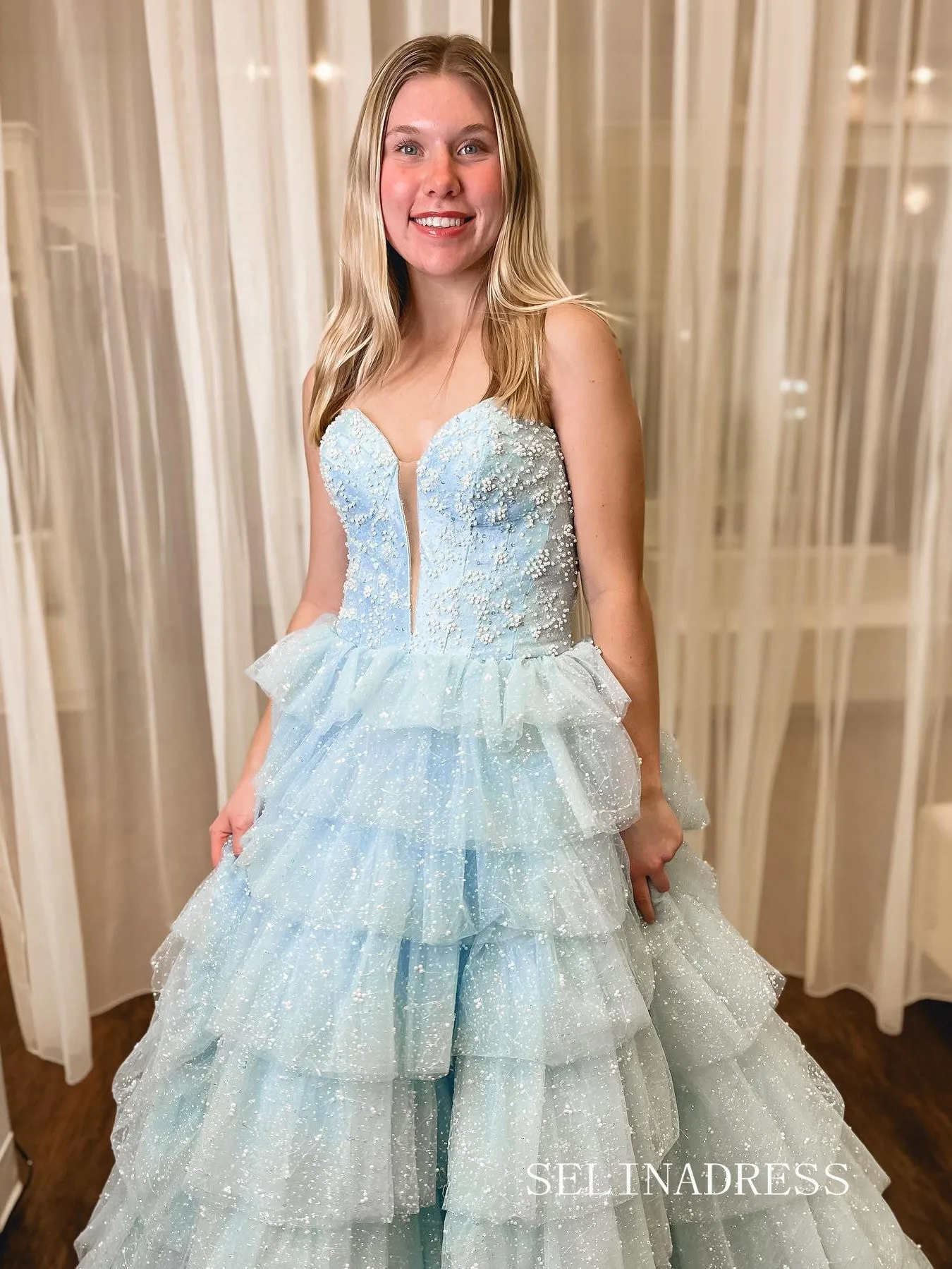 A-line Sweetheart Light Sky Blue Ruffles Tulle Long Prom Dress lpk920