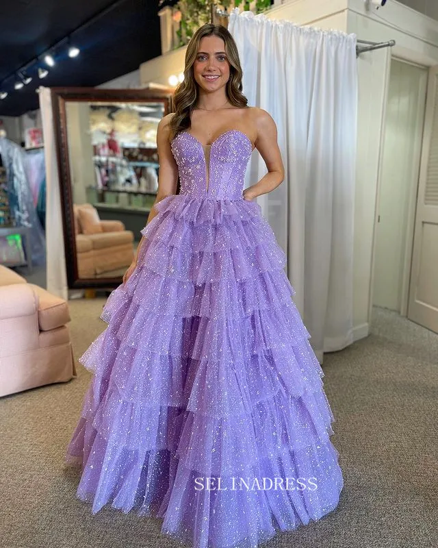 A-line Sweetheart Light Sky Blue Ruffles Tulle Long Prom Dress lpk920