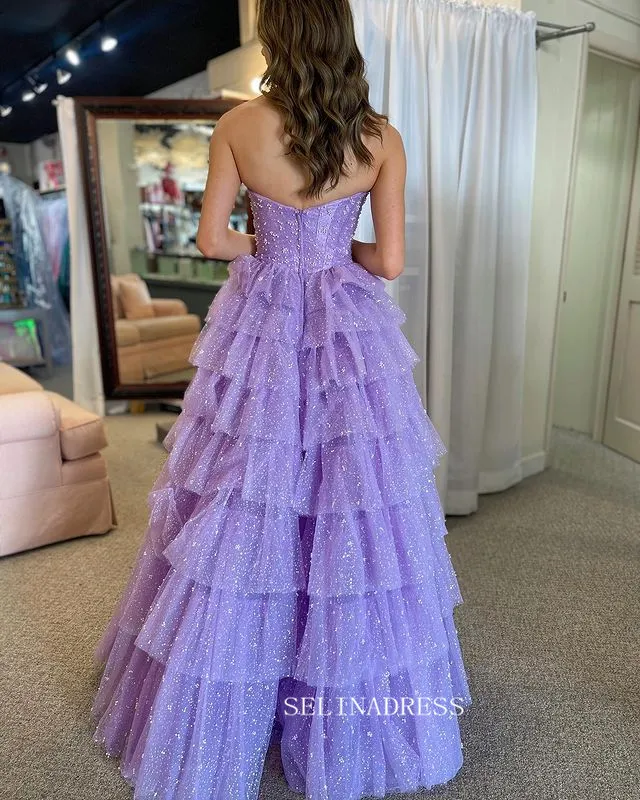 A-line Sweetheart Light Sky Blue Ruffles Tulle Long Prom Dress lpk920