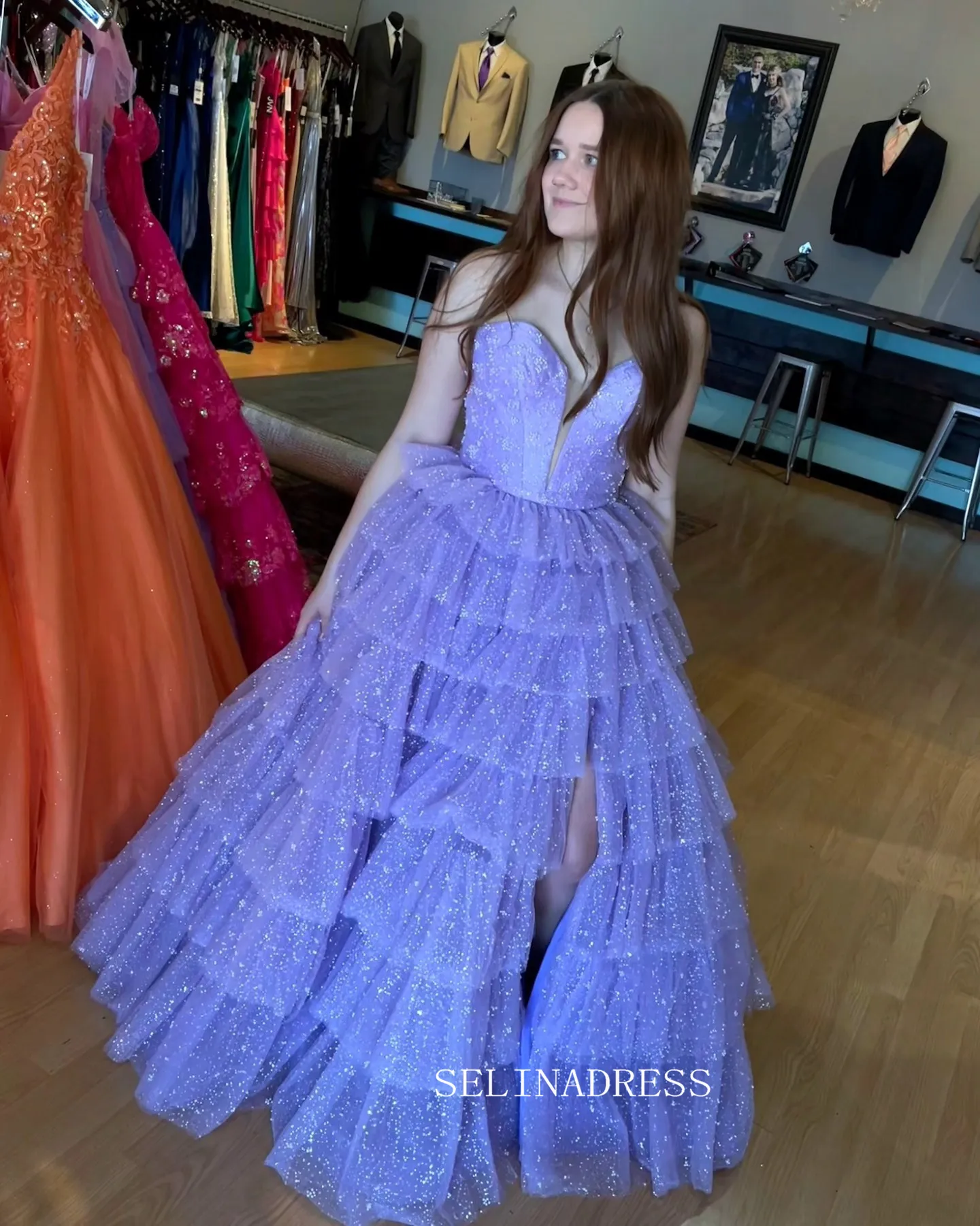 A-line Sweetheart Light Sky Blue Ruffles Tulle Long Prom Dress lpk920