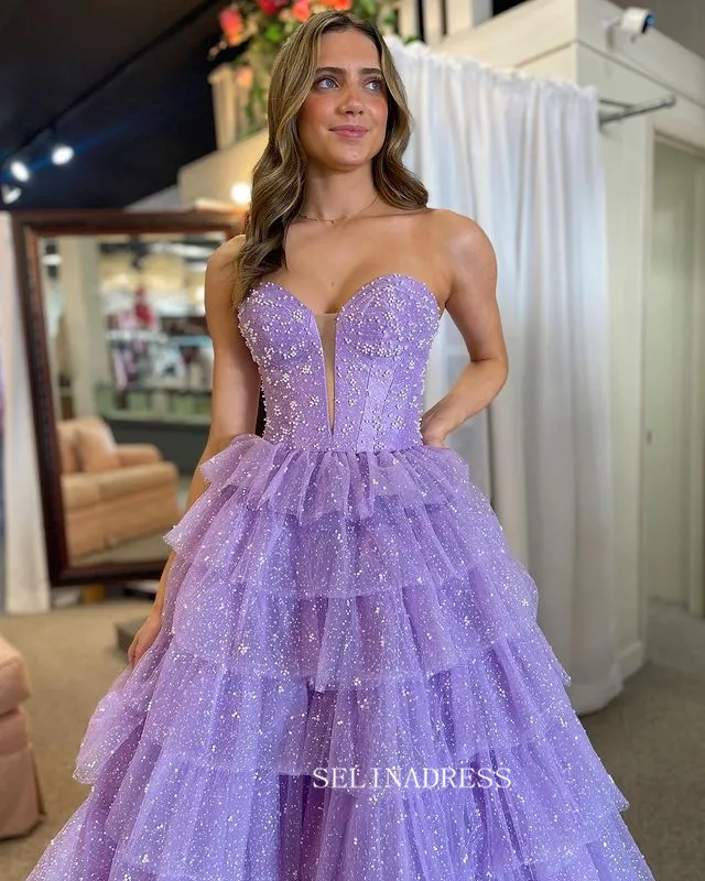A-line Sweetheart Light Sky Blue Ruffles Tulle Long Prom Dress lpk920