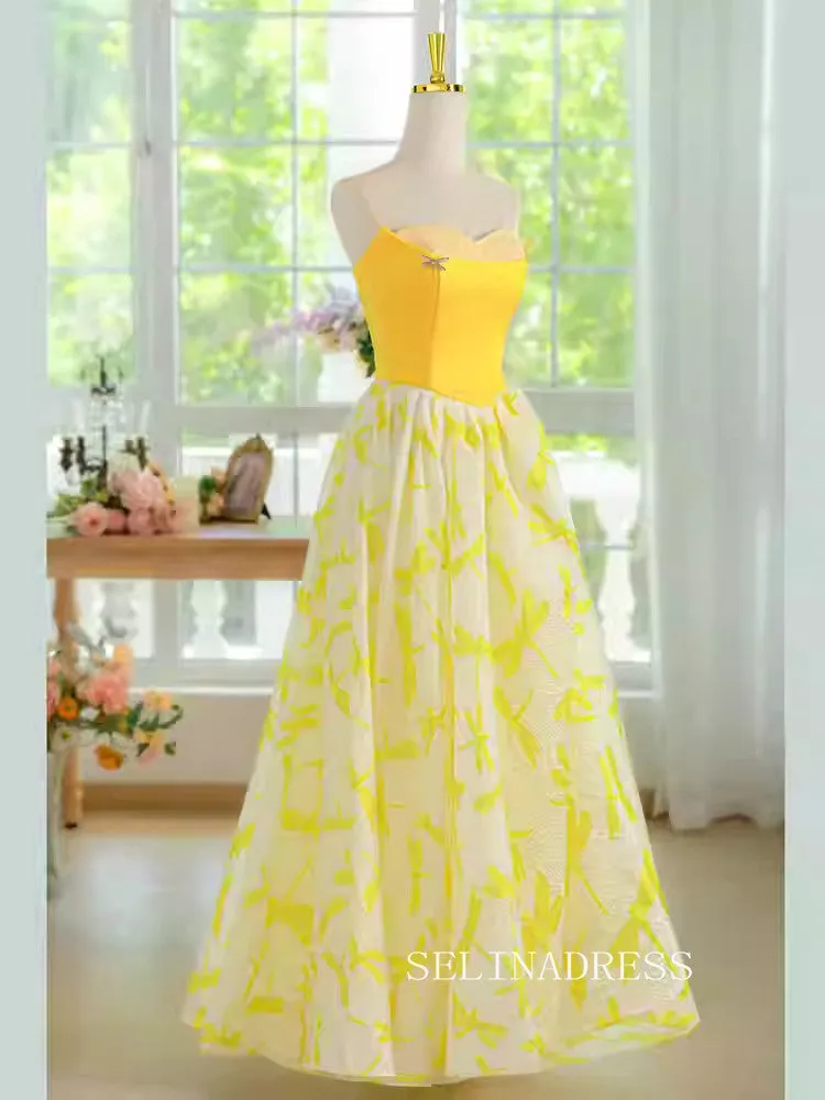 A-line Sweetheart Long Prom Dress Yellow Evening Dresses #ALI0030