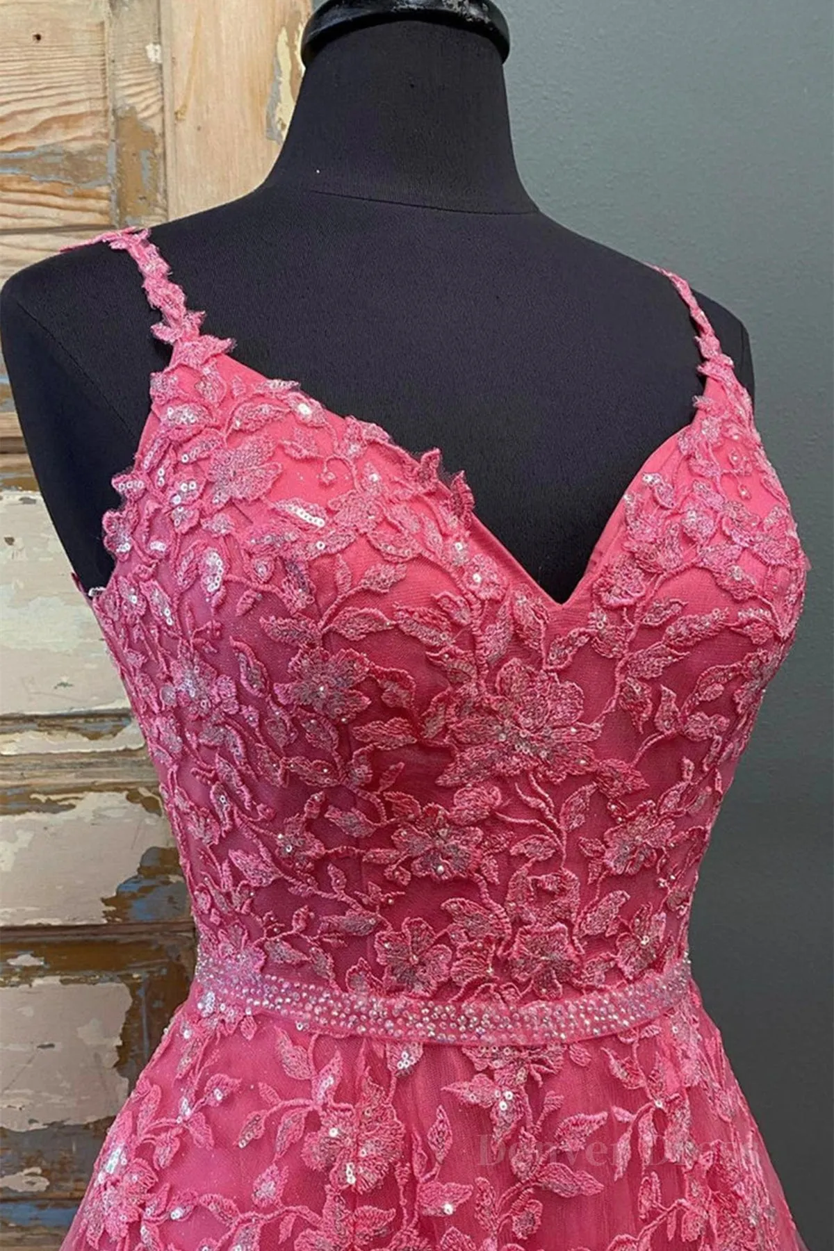 A Line V Neck Open Back Beaded Hot Pink Lace Long Prom Dresses Hot Pink Lace Formal Graduation Evening Dresses