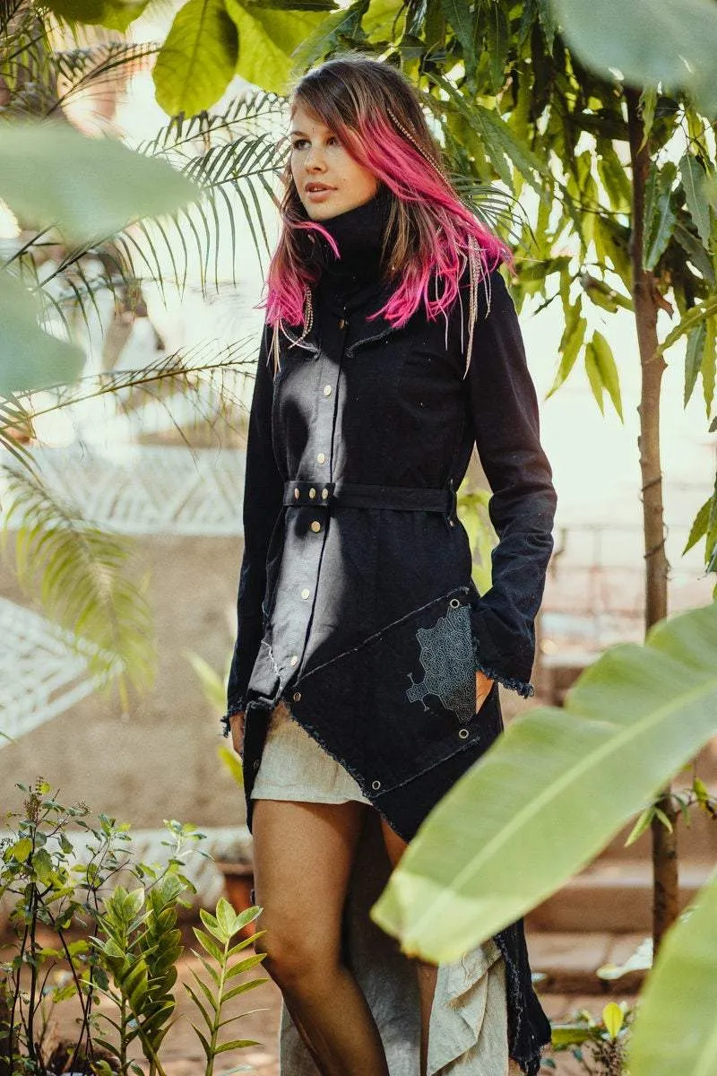 Asymmetric Freak Frock Canvas Coat with Shipibo Print / Black