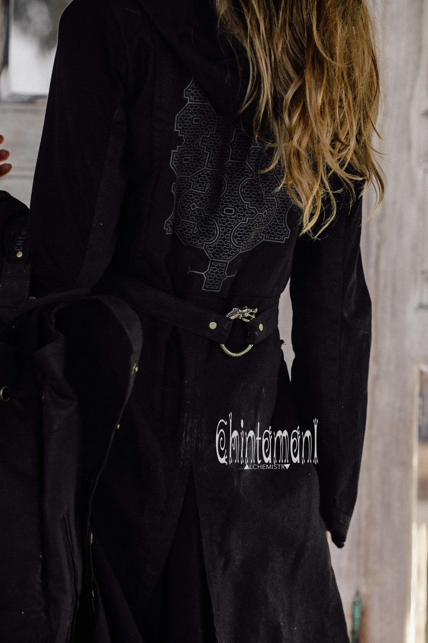 Asymmetric Freak Frock Canvas Coat with Shipibo Print / Black