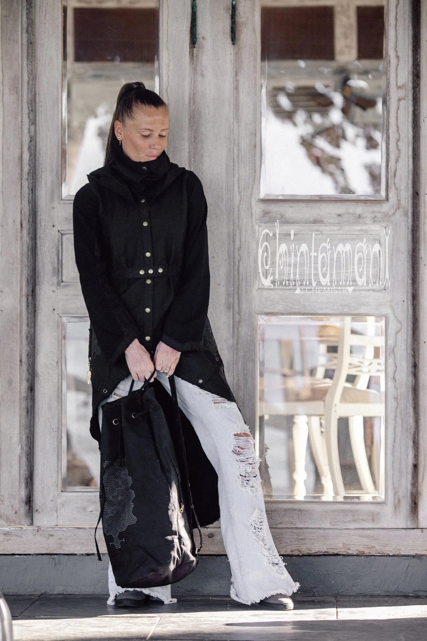 Asymmetric Freak Frock Canvas Coat with Shipibo Print / Black