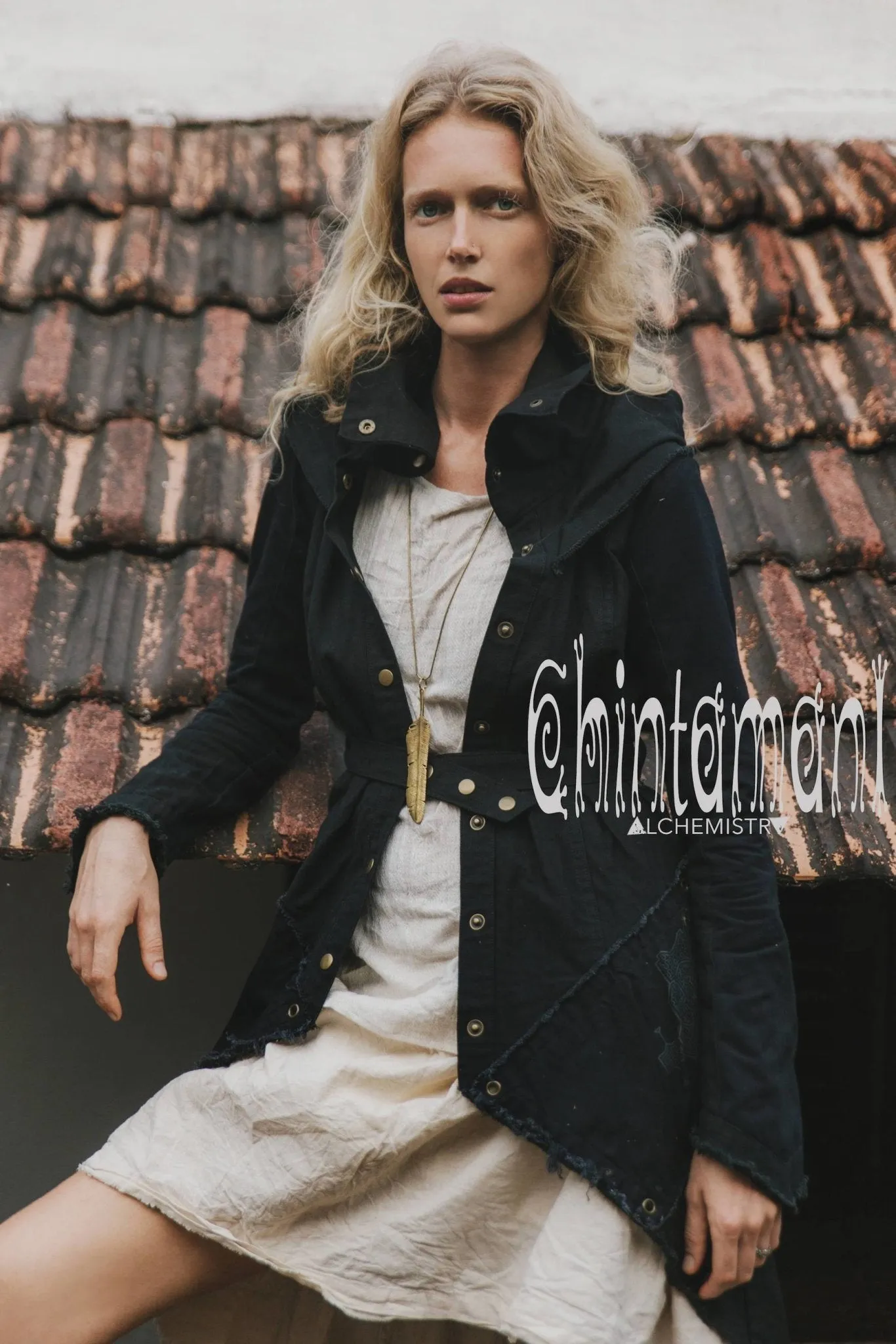 Asymmetric Freak Frock Canvas Coat with Shipibo Print / Black