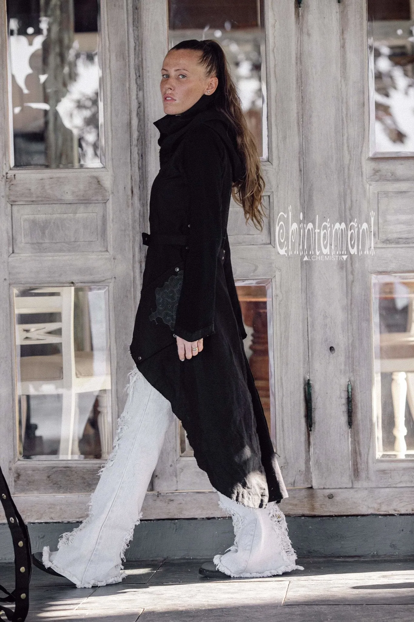 Asymmetric Freak Frock Canvas Coat with Shipibo Print / Black